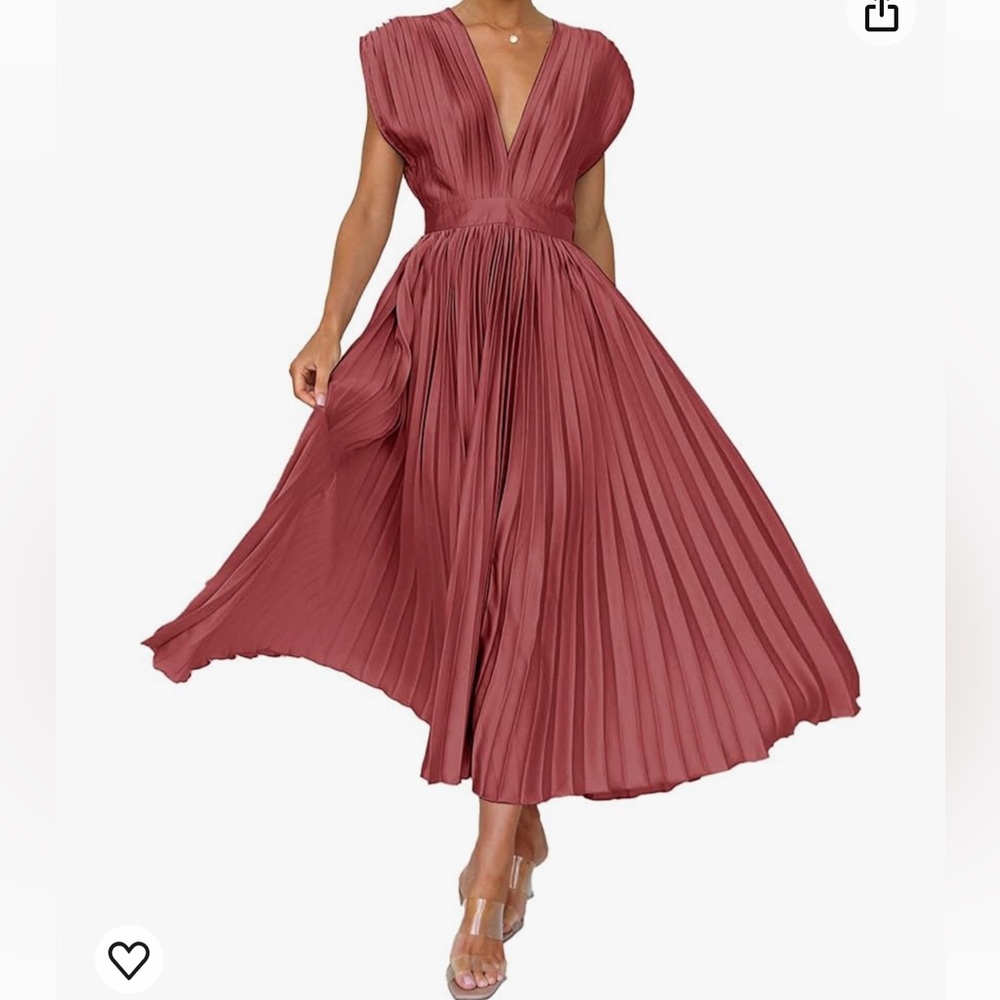 Satin Pleated V Neck High Waist Tie Back Cap Sleeve A Line Midi Dress Rust Red